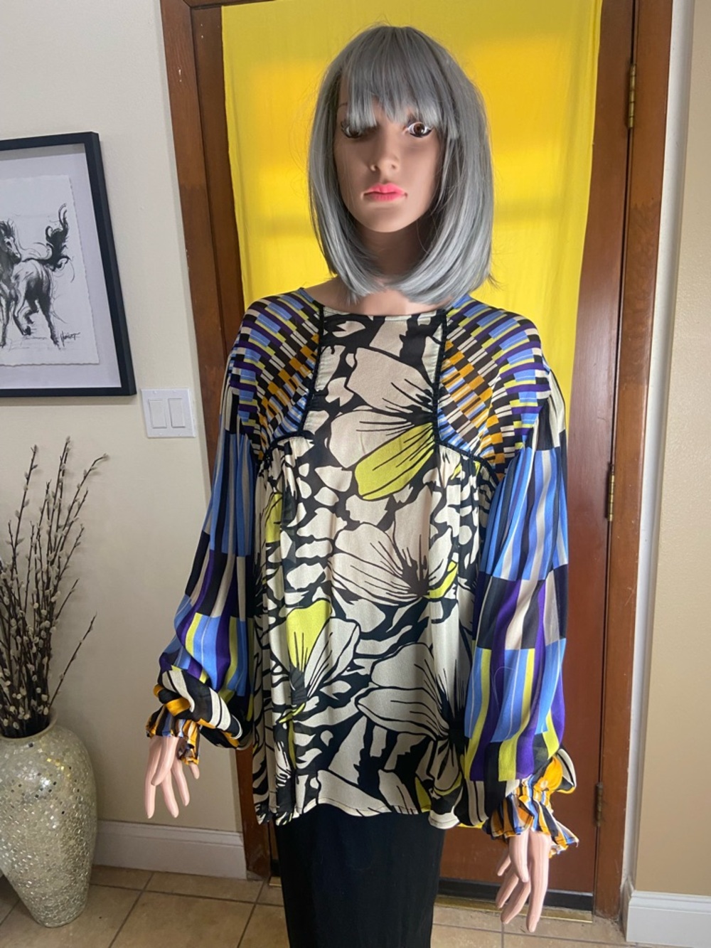 Blink London Printed Balloon-Sleeve Blouse in Blue, Yellow & Black